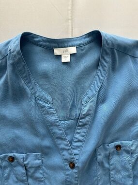 J.Jill Blue Roll Tab Sleeve Blouse Size MEDIUM